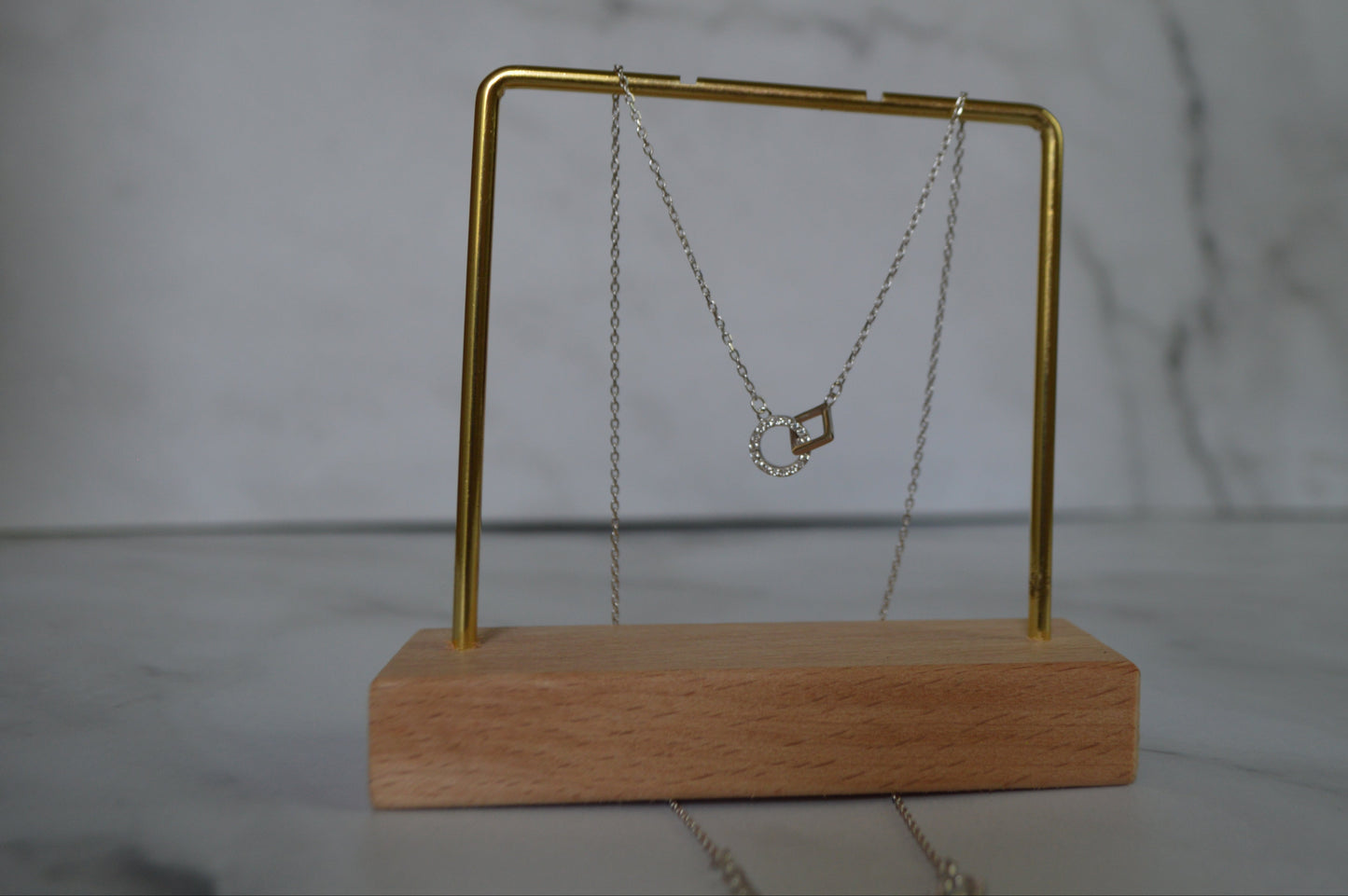 Sterling Silver 925 Dual Pendant Necklace – Pavé Circle & Geometric