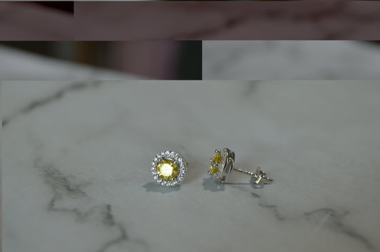 Sterling Silver 925 Halo Stud Earrings with Yellow Cushion-Cut Gemstones – Radiant Glamour