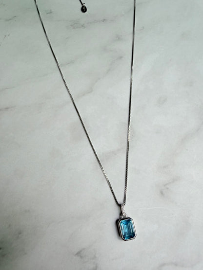 925 Sterling Silver Natural Swiss Blue Topaz Pendant Necklace | Emerald Cut Blue Topaz Necklace Maldives