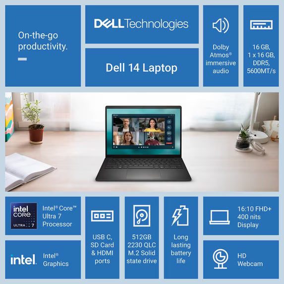 Dell D14260 14" FHD+ Laptop Intel Core Ultra 7 255U, 16GB DDR5 RAM, 512GB SSD, Windows 11, Wi‑Fi 6E - Carbon Black