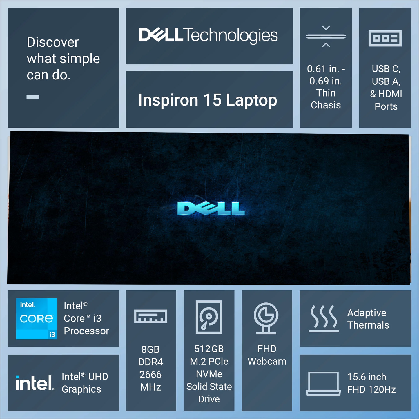 Dell Inspiron 15 Laptop 3530 15.6-inch FHD Intel Core i3-1305U 8GB RAM 512GB NVMe SSD Carbon Black