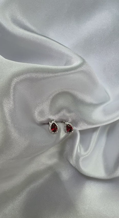925 Sterling Silver Red Teardrop Halo Stud Earrings
