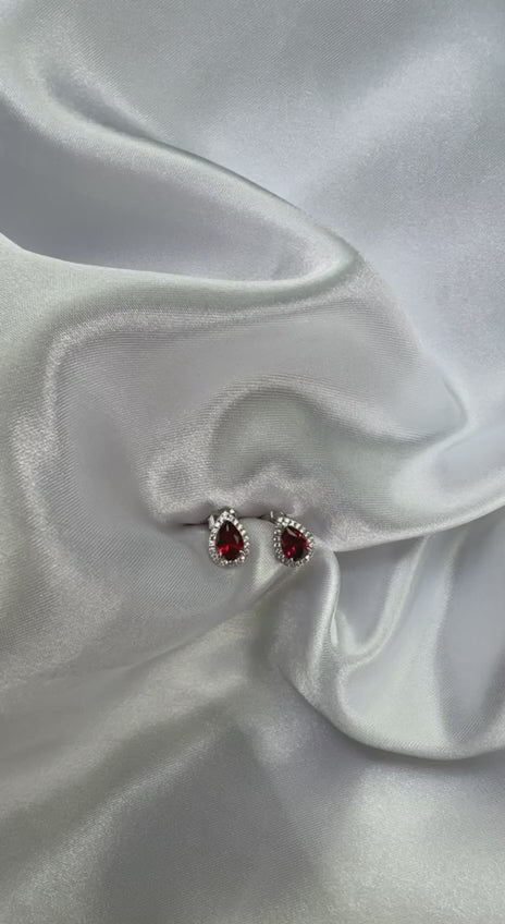 925 Sterling Silver Red Teardrop Halo Stud Earrings