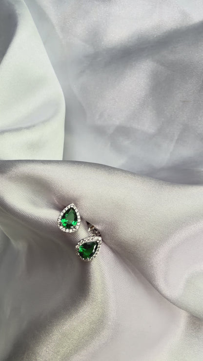 925 Sterling Silver Emerald Green Teardrop Halo Stud Earrings