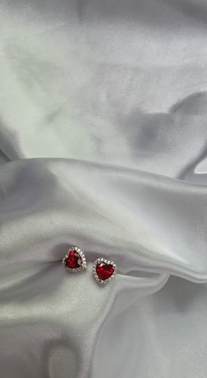 925 Sterling Silver Red Heart Halo Stud Earrings