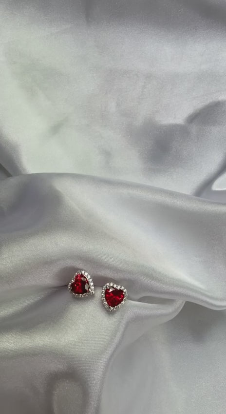 925 Sterling Silver Red Heart Halo Stud Earrings